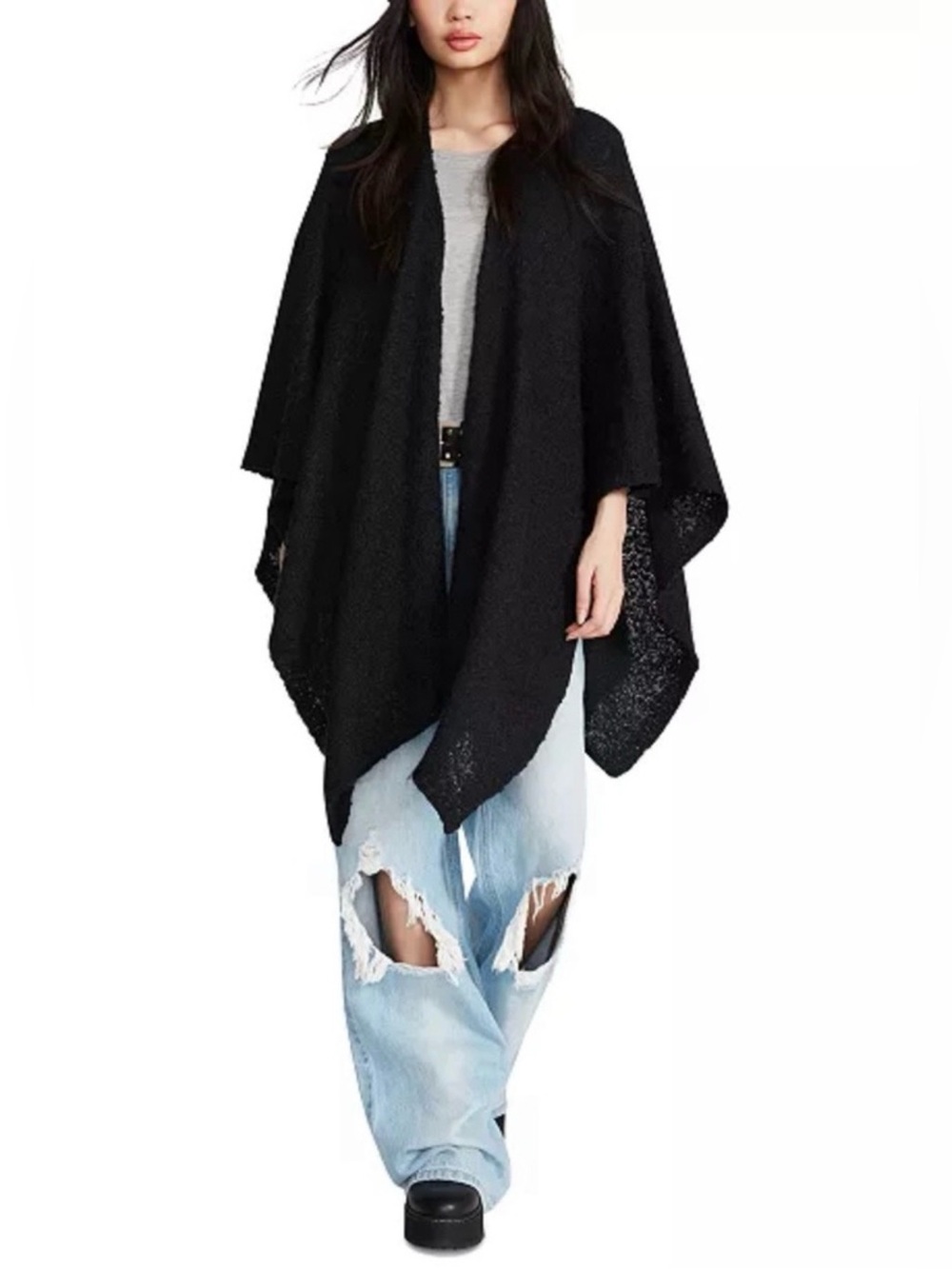 Steve Madden Womens black Boucle Lurex poncho Wrap Sweater cape shawl OS